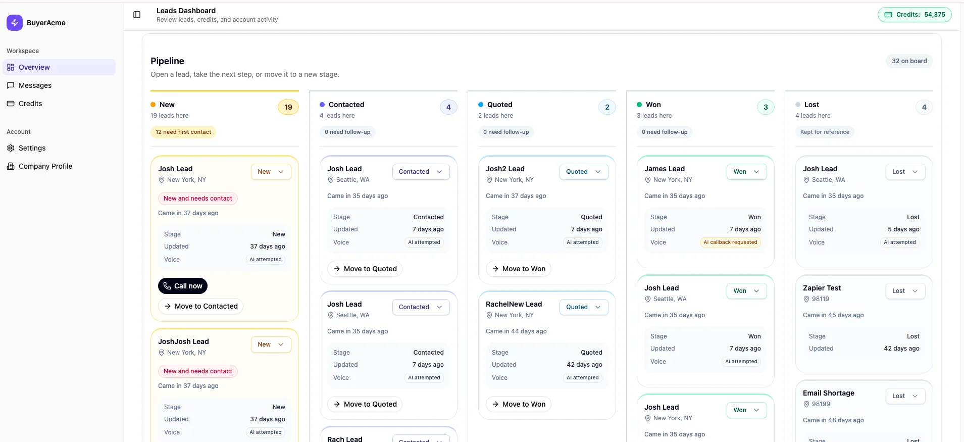 Kanban pipeline board showing leads moving from New to Contacted to Quoted to Won